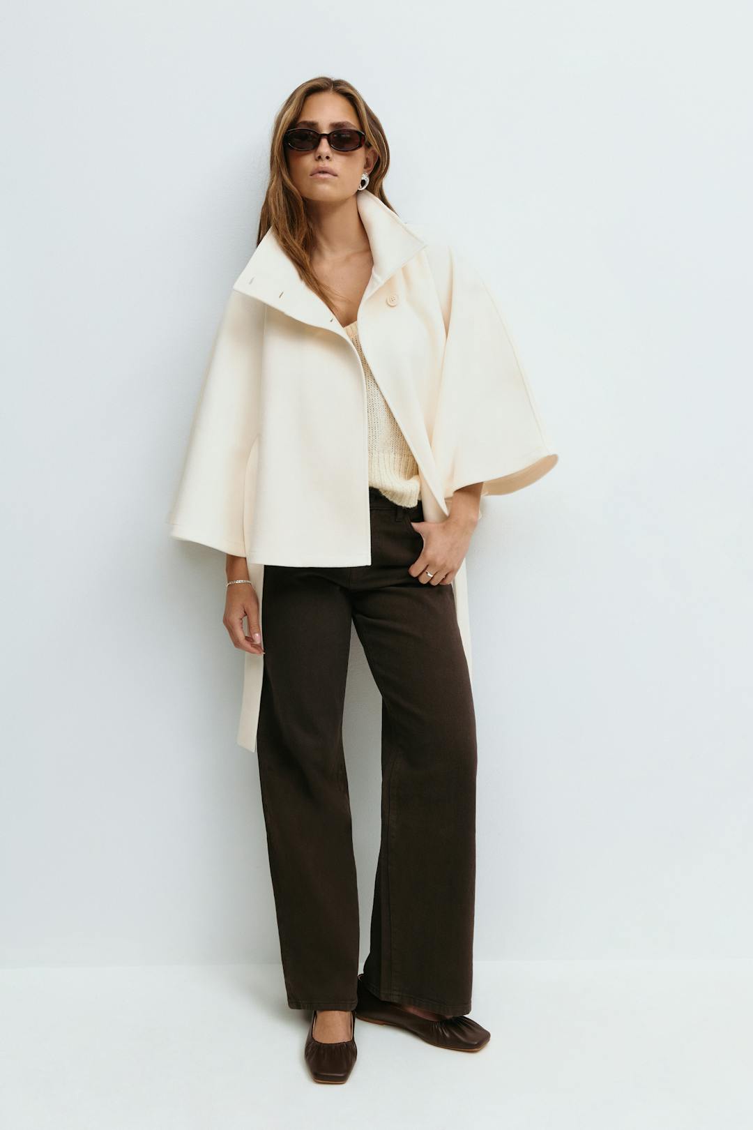Women's Belted Cape Coat with High Neck Collar