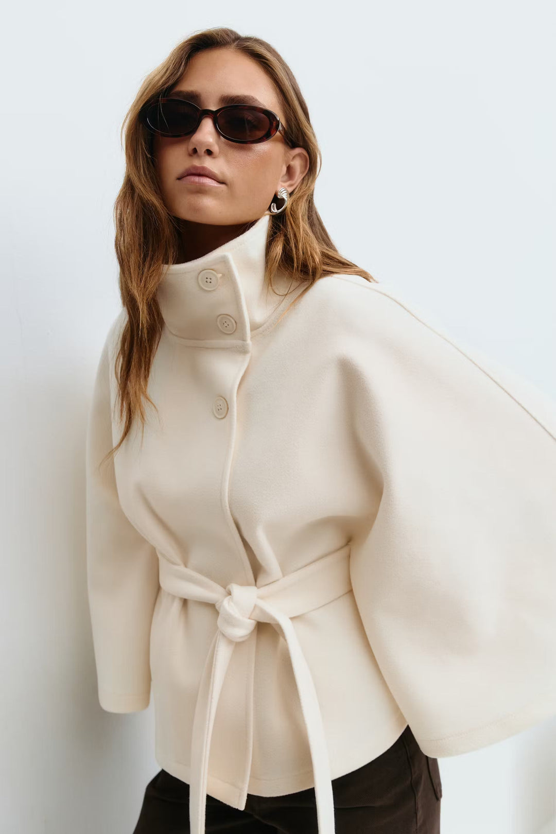 Women's Belted Cape Coat with High Neck Collar