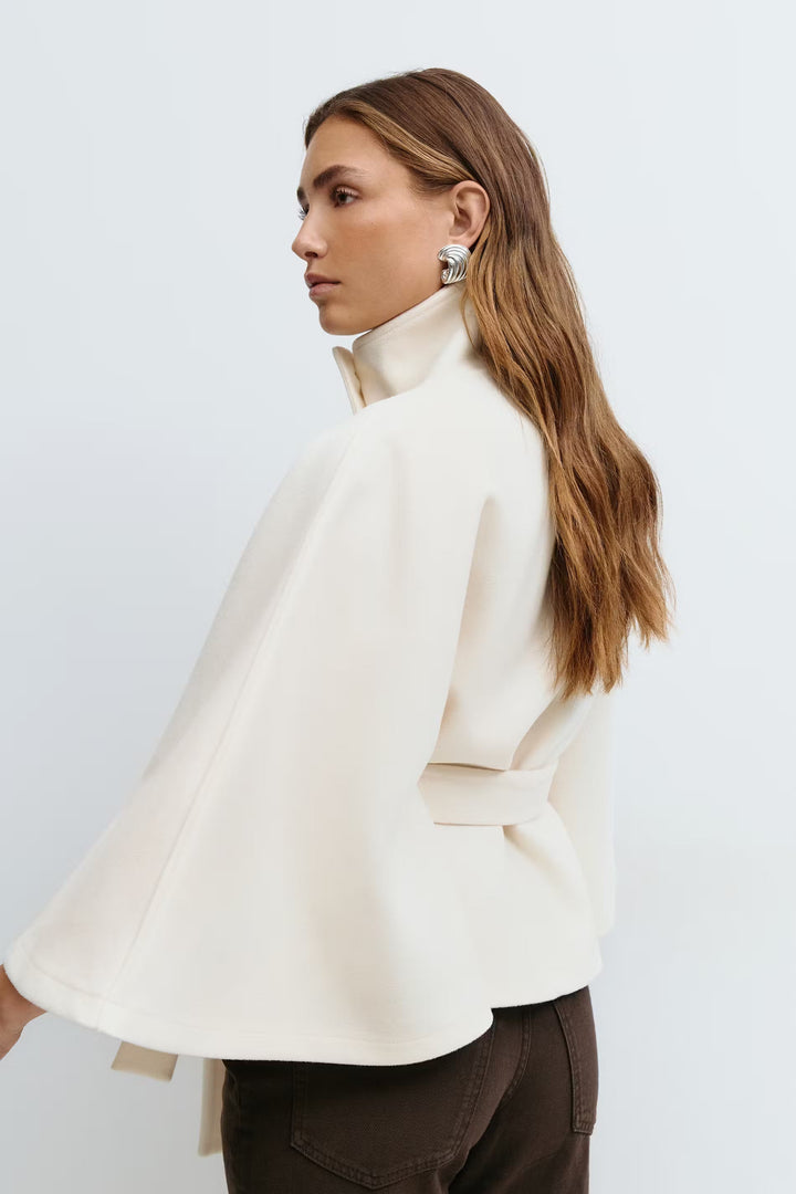 Women's Belted Cape Coat with High Neck Collar
