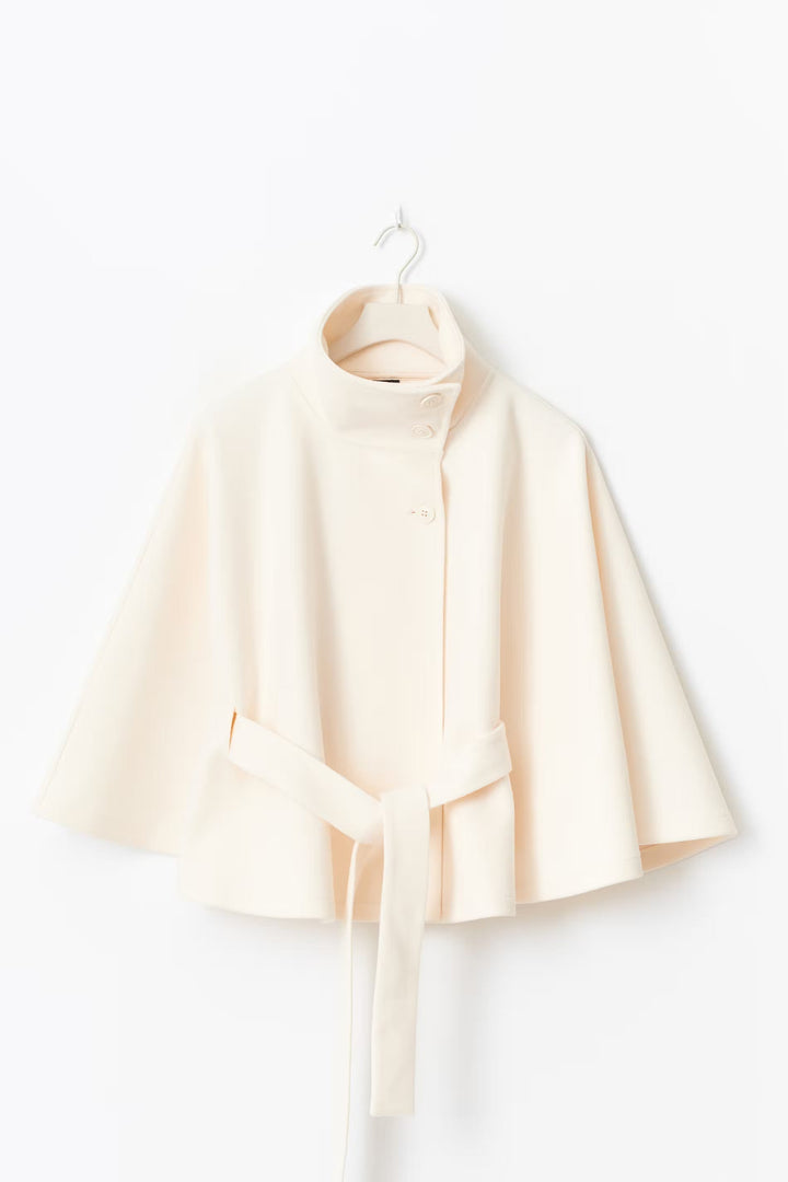 Women's Belted Cape Coat with High Neck Collar