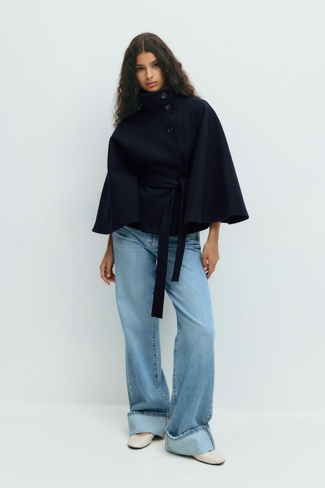 Women's Belted Cape Coat with High Neck Collar