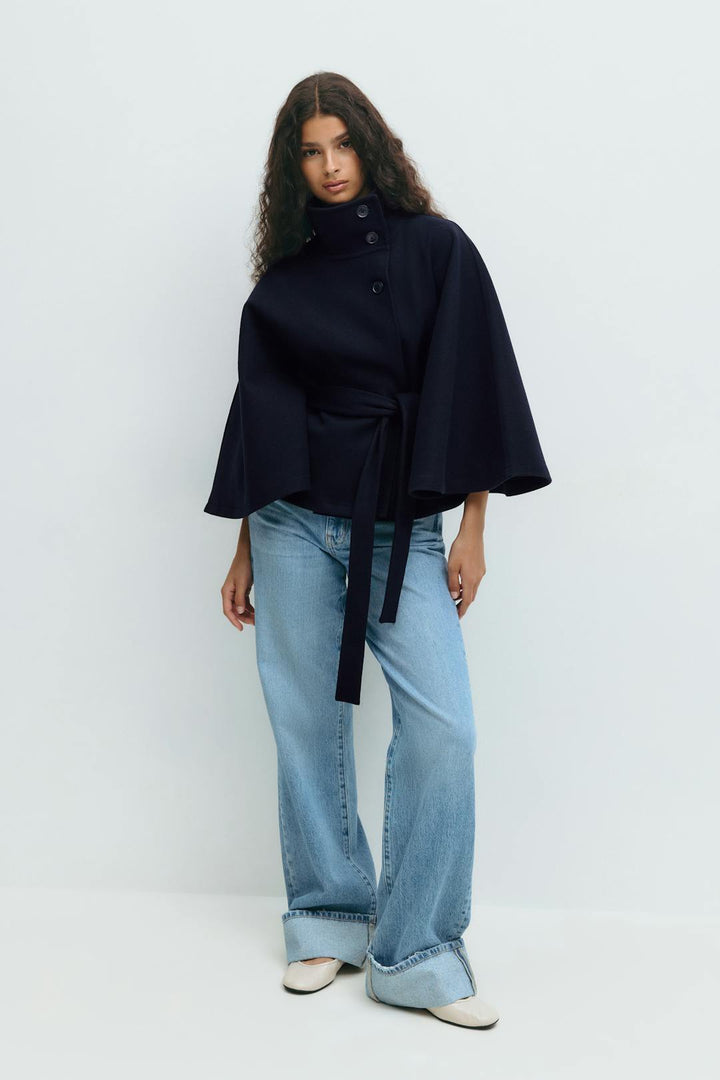 Women's Belted Cape Coat with High Neck Collar