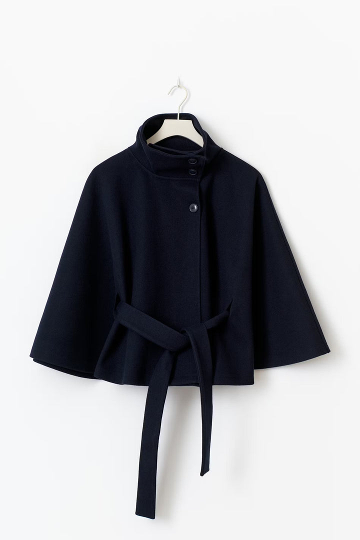 Women's Belted Cape Coat with High Neck Collar