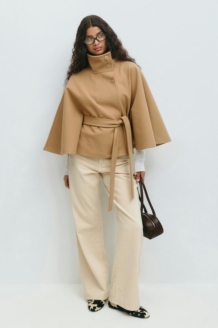 Women's Belted Cape Coat with High Neck Collar