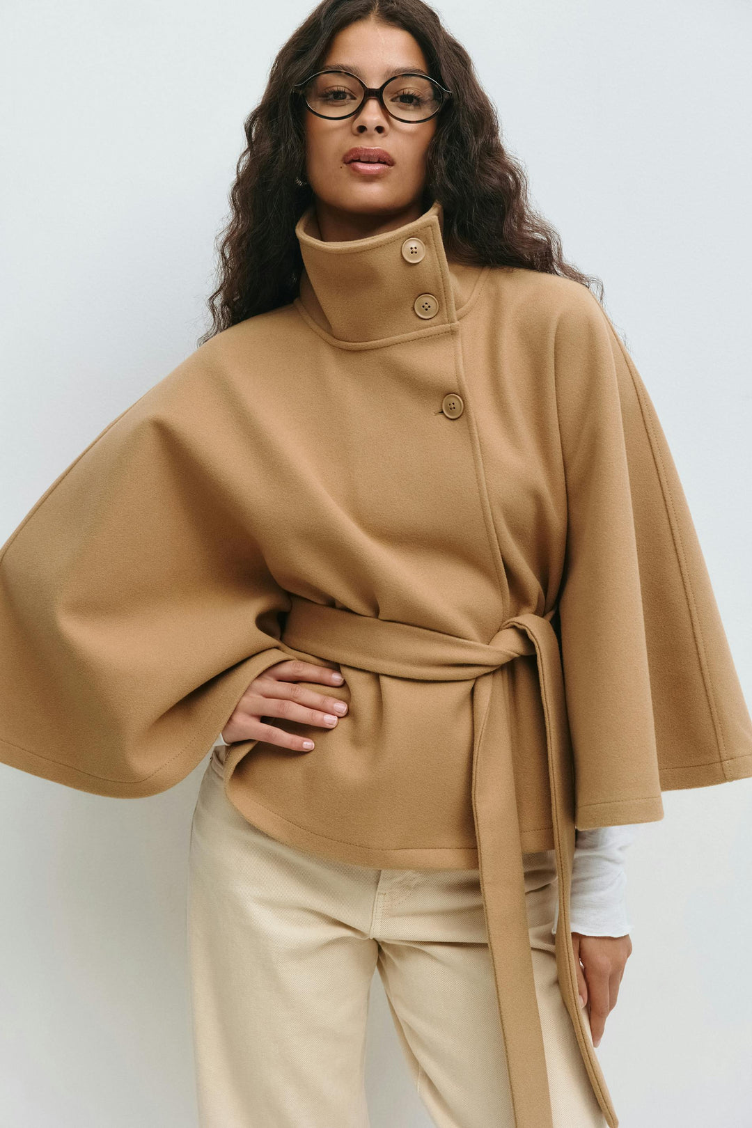 Women's Belted Cape Coat with High Neck Collar