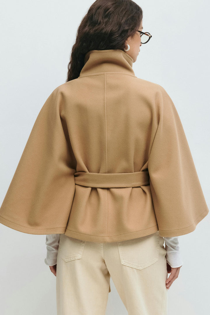 Women's Belted Cape Coat with High Neck Collar