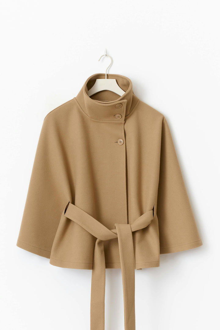 Women's Belted Cape Coat with High Neck Collar