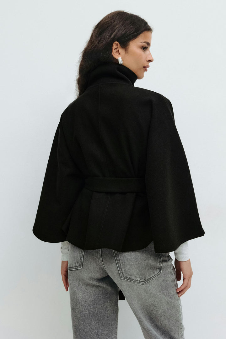 Women's Belted Cape Coat with High Neck Collar