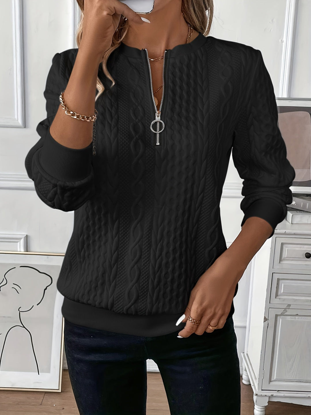 Cable Knit Half-Zip Sweater for Women