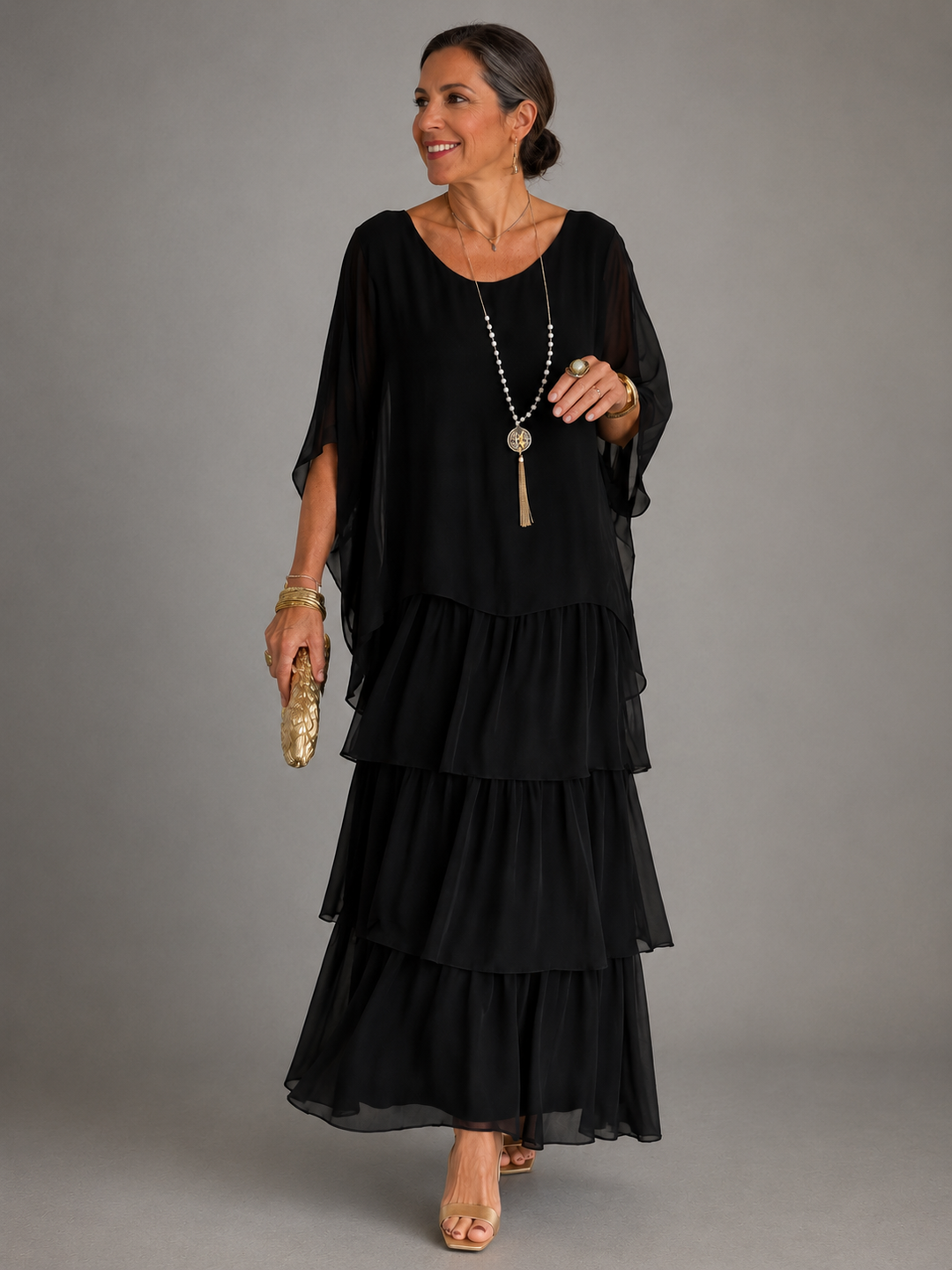 Tiered Chiffon Cape Sleeve Maxi Dress for Women