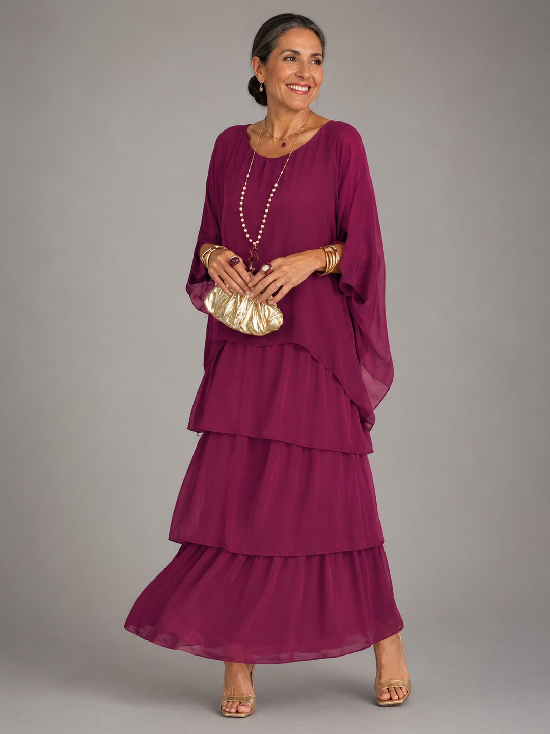 Tiered Chiffon Cape Sleeve Maxi Dress for Women