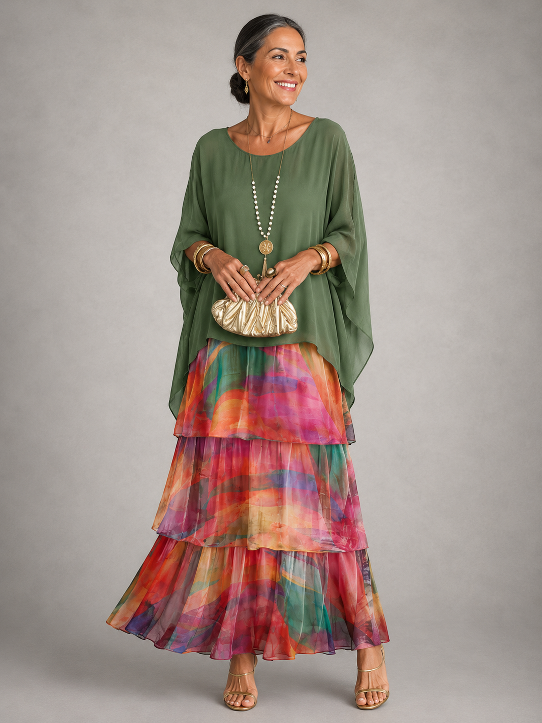 Tiered Chiffon Cape Sleeve Maxi Dress for Women