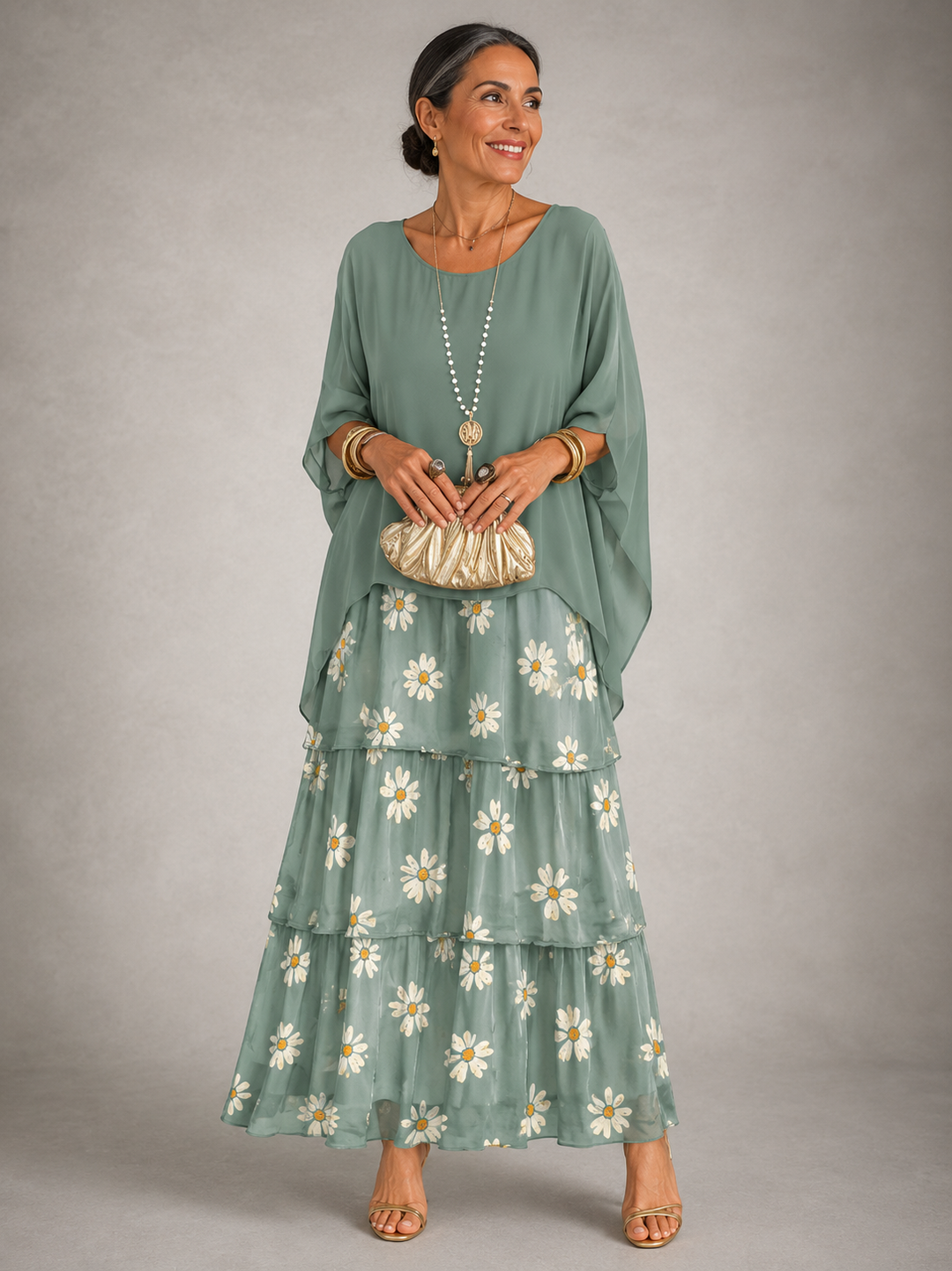 Tiered Chiffon Cape Sleeve Maxi Dress for Women