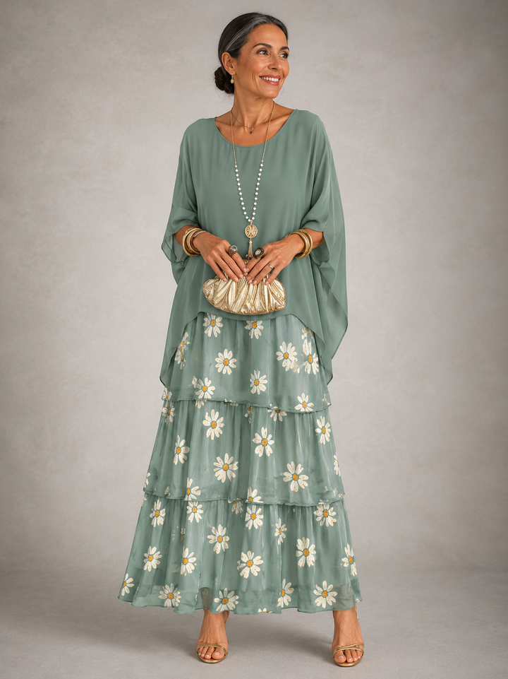 Tiered Chiffon Cape Sleeve Maxi Dress for Women