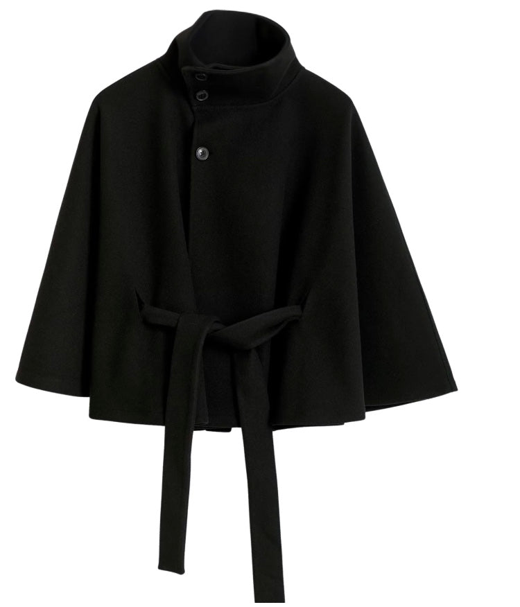 Women's Belted Cape Coat with High Neck Collar