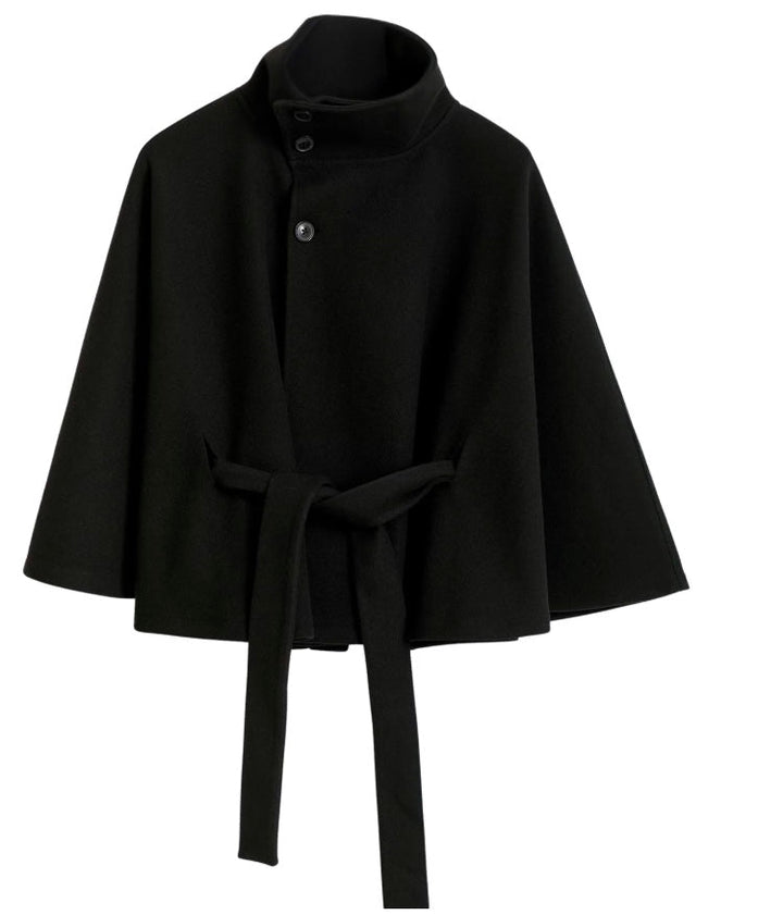 Women's Belted Cape Coat with High Neck Collar