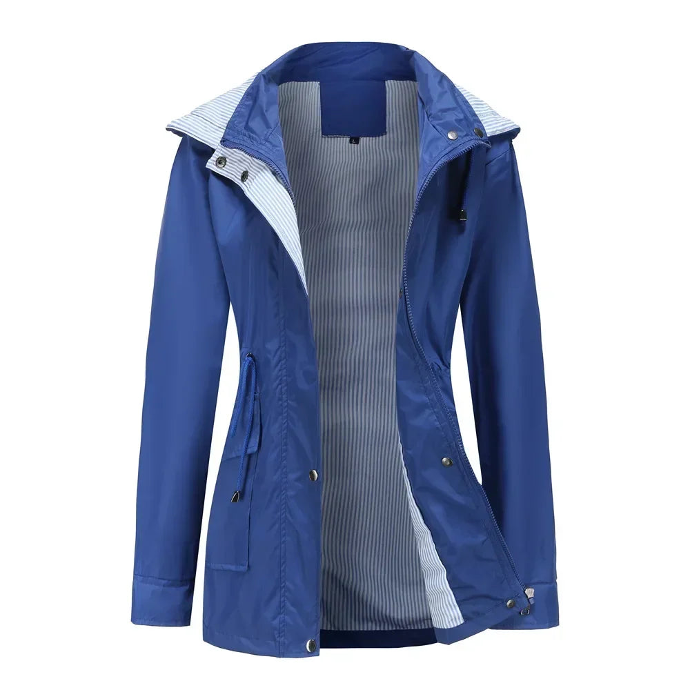 Women's Waterproof Hooded Jacket with Button Closure