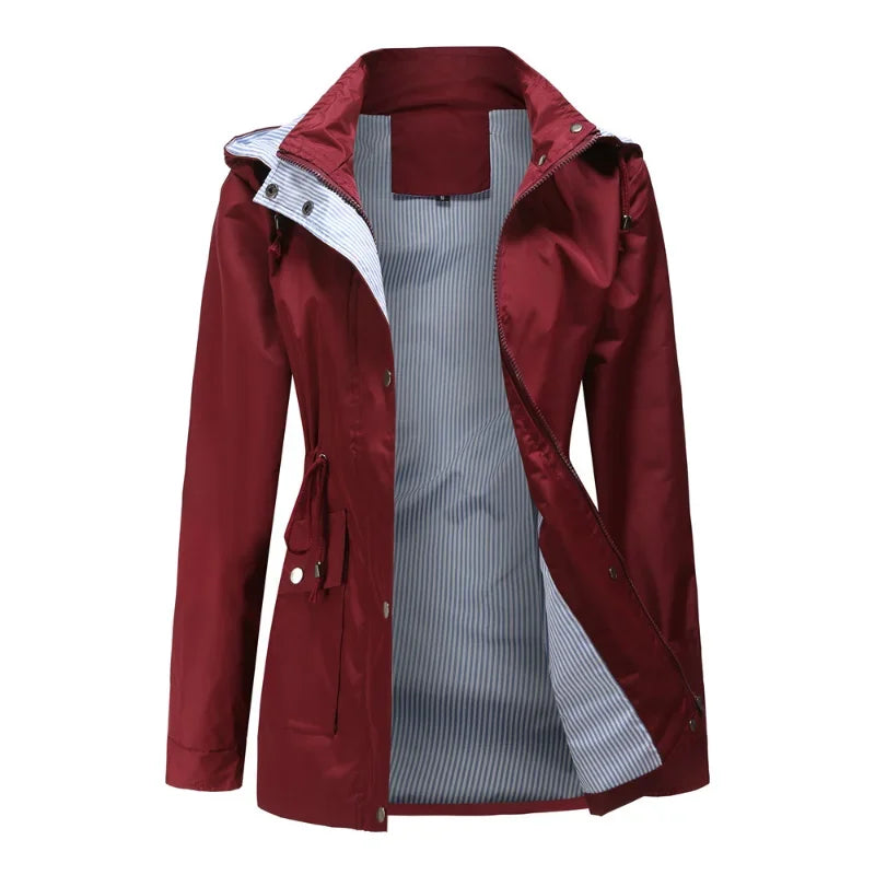 Women's Waterproof Hooded Jacket with Button Closure