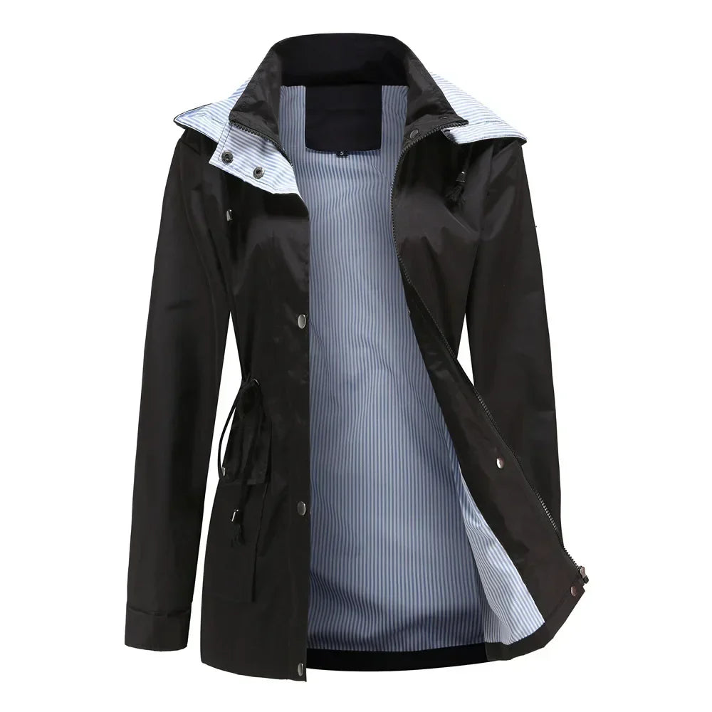 Women's Waterproof Hooded Jacket with Button Closure