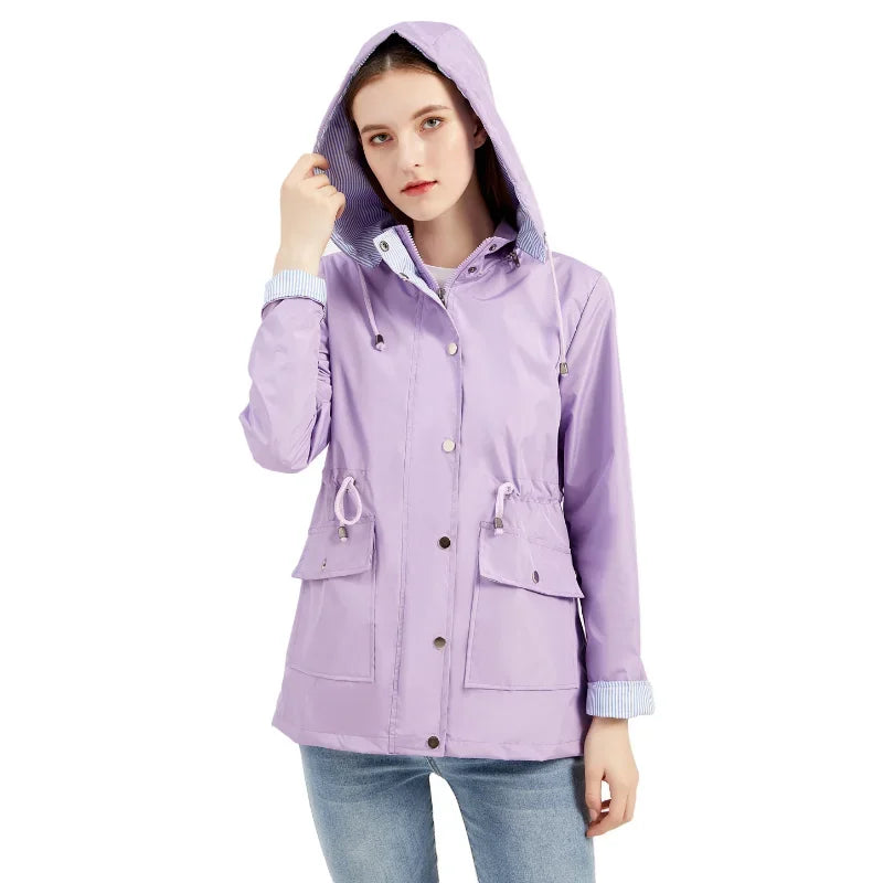 Women's Waterproof Hooded Jacket with Button Closure