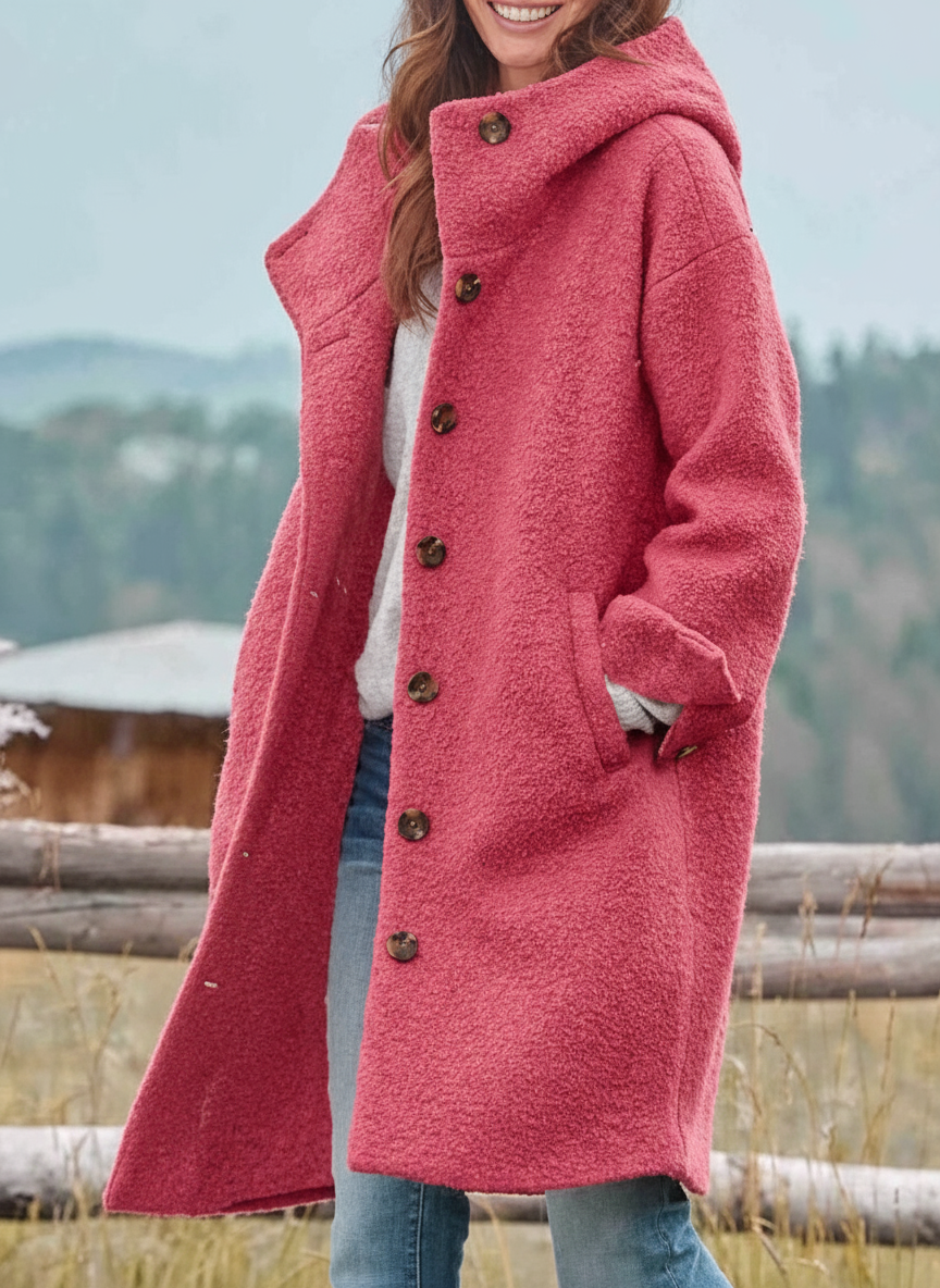 Cappotto invernale da donna con cappuccio, maniche lunghe e bottoni sul davanti