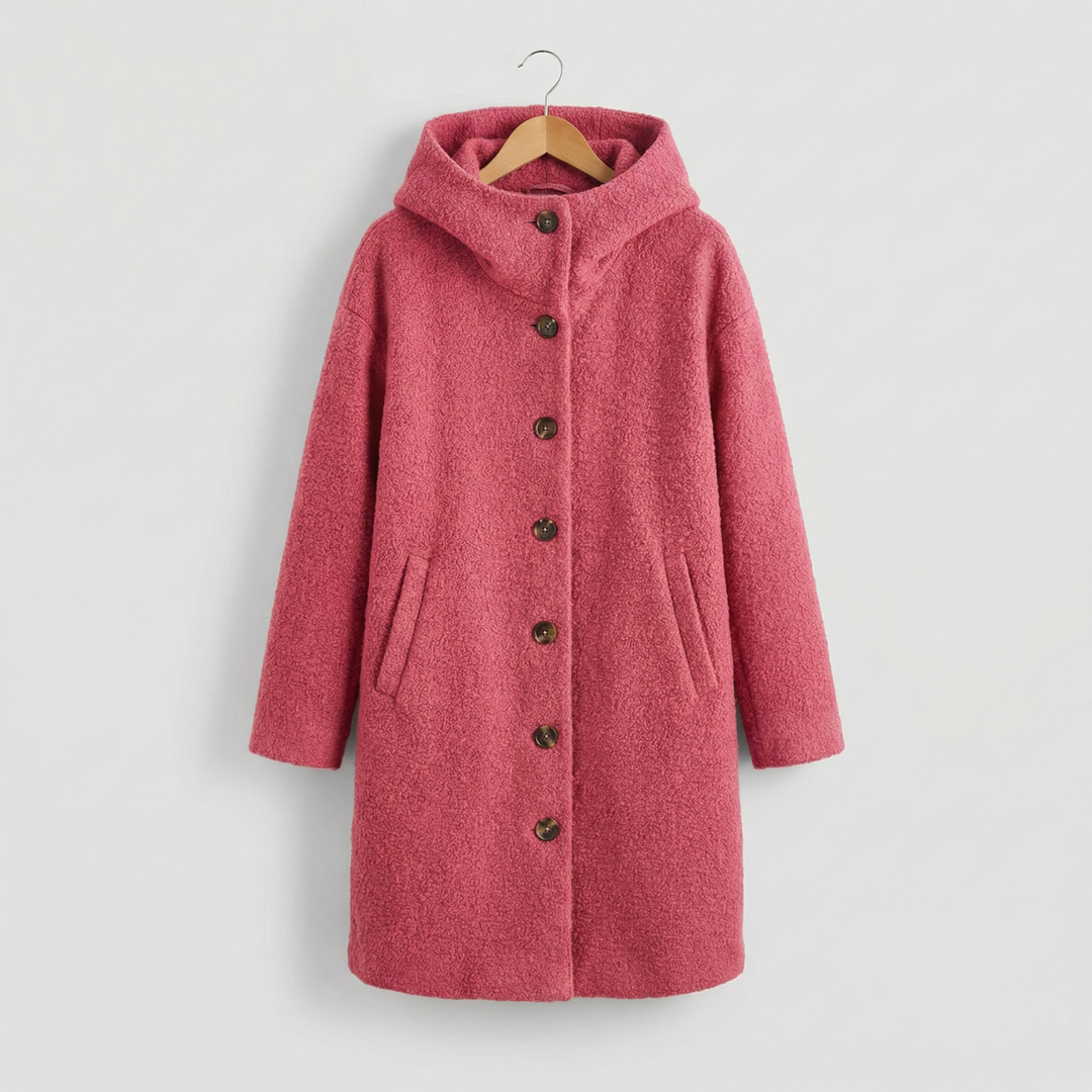 Cappotto invernale da donna con cappuccio, maniche lunghe e bottoni sul davanti