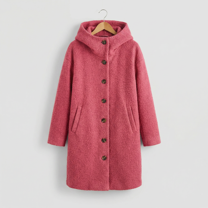 Cappotto invernale da donna con cappuccio, maniche lunghe e bottoni sul davanti