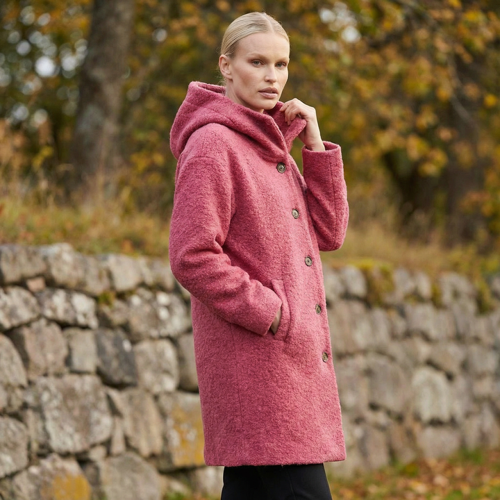 Cappotto invernale da donna con cappuccio, maniche lunghe e bottoni sul davanti