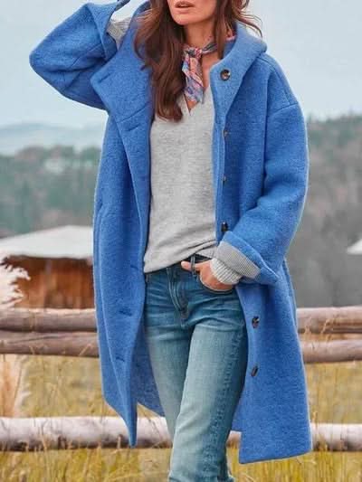Cappotto invernale da donna con cappuccio, maniche lunghe e bottoni sul davanti