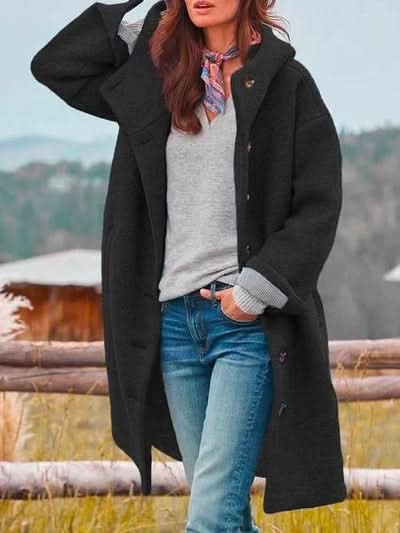 Cappotto invernale da donna con cappuccio, maniche lunghe e bottoni sul davanti