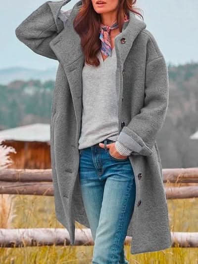 Cappotto invernale da donna con cappuccio, maniche lunghe e bottoni sul davanti