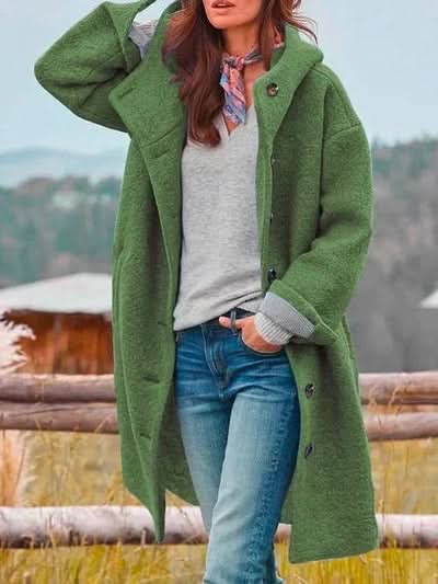 Cappotto invernale da donna con cappuccio, maniche lunghe e bottoni sul davanti