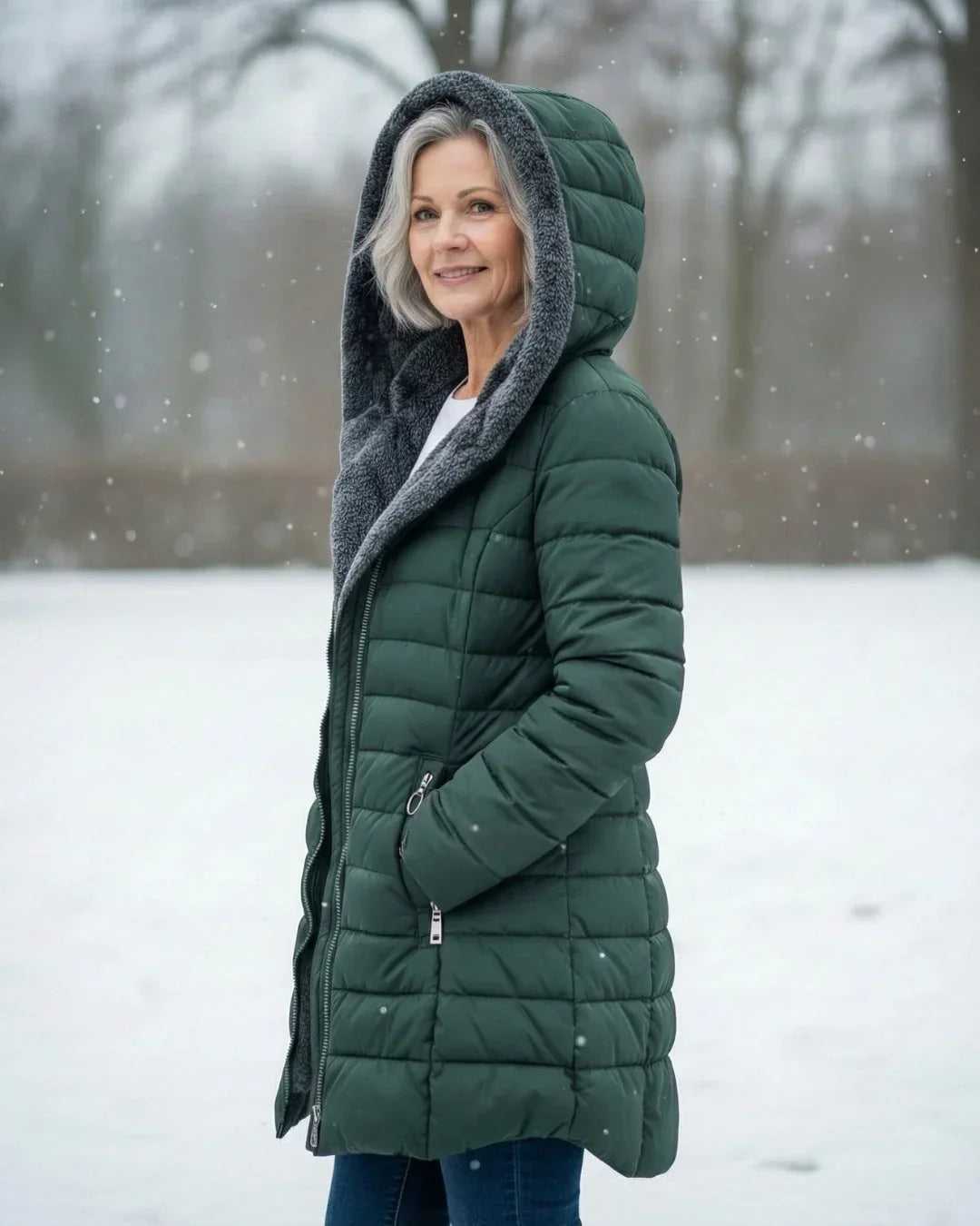 Cappotto invernale trapuntato da donna con cappuccio e fodera in pile