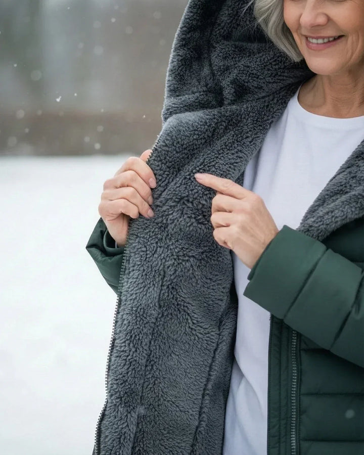Cappotto invernale trapuntato da donna con cappuccio e fodera in pile