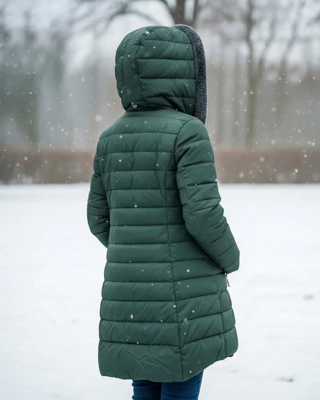 Cappotto invernale trapuntato da donna con cappuccio e fodera in pile