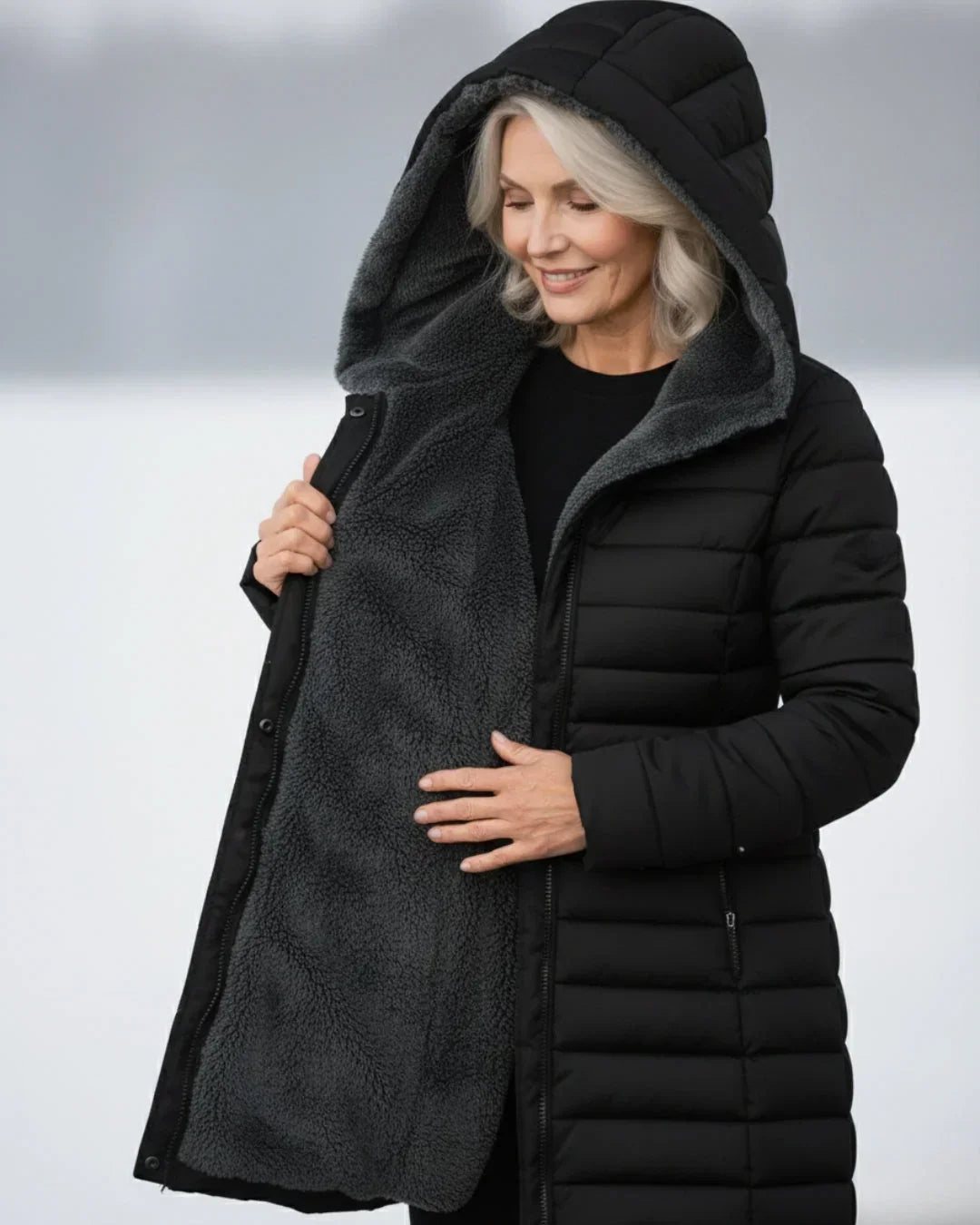 Cappotto invernale trapuntato da donna con cappuccio e fodera in pile