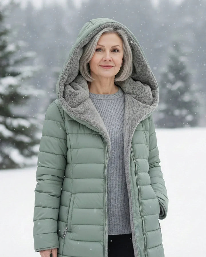 Cappotto invernale trapuntato da donna con cappuccio e fodera in pile