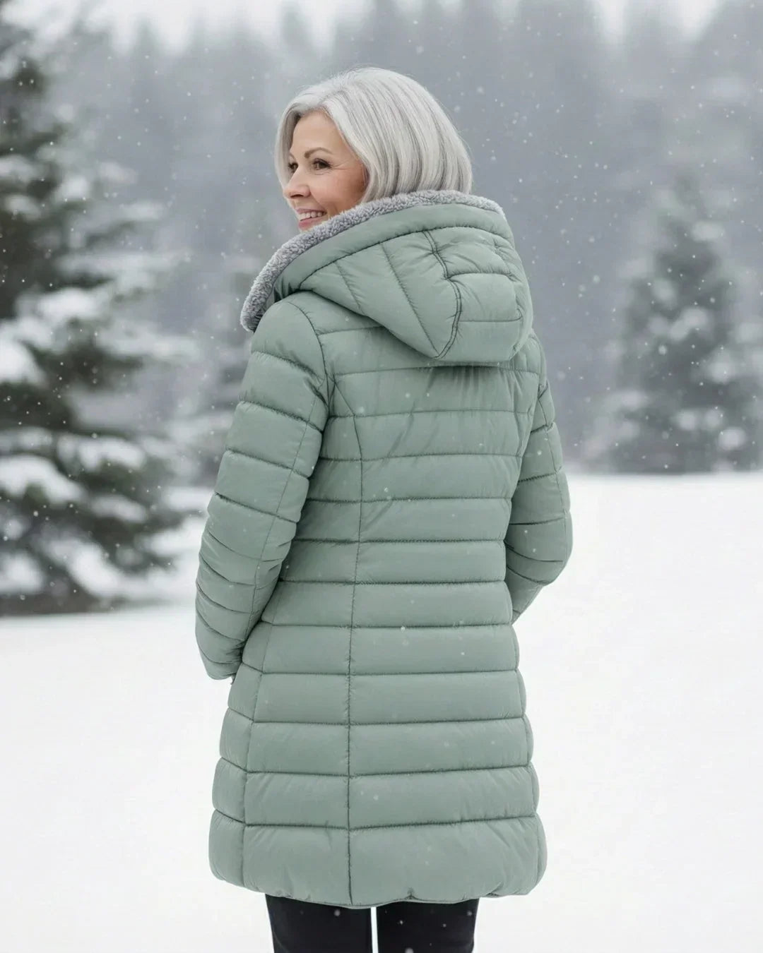 Cappotto invernale trapuntato da donna con cappuccio e fodera in pile